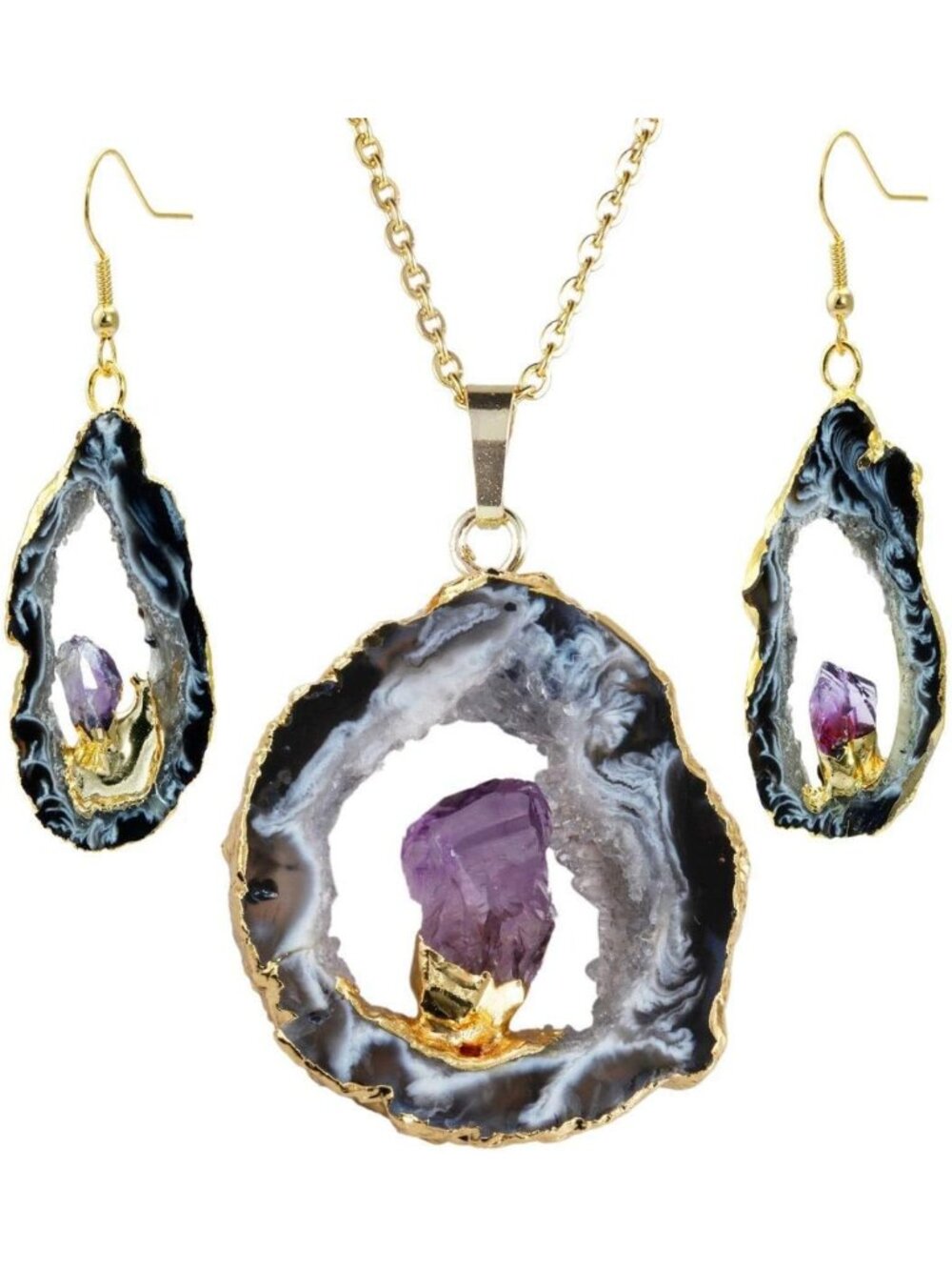 Unique Irregular Shape Natural Agate Quartz Geode Druzy Pendant Necklace